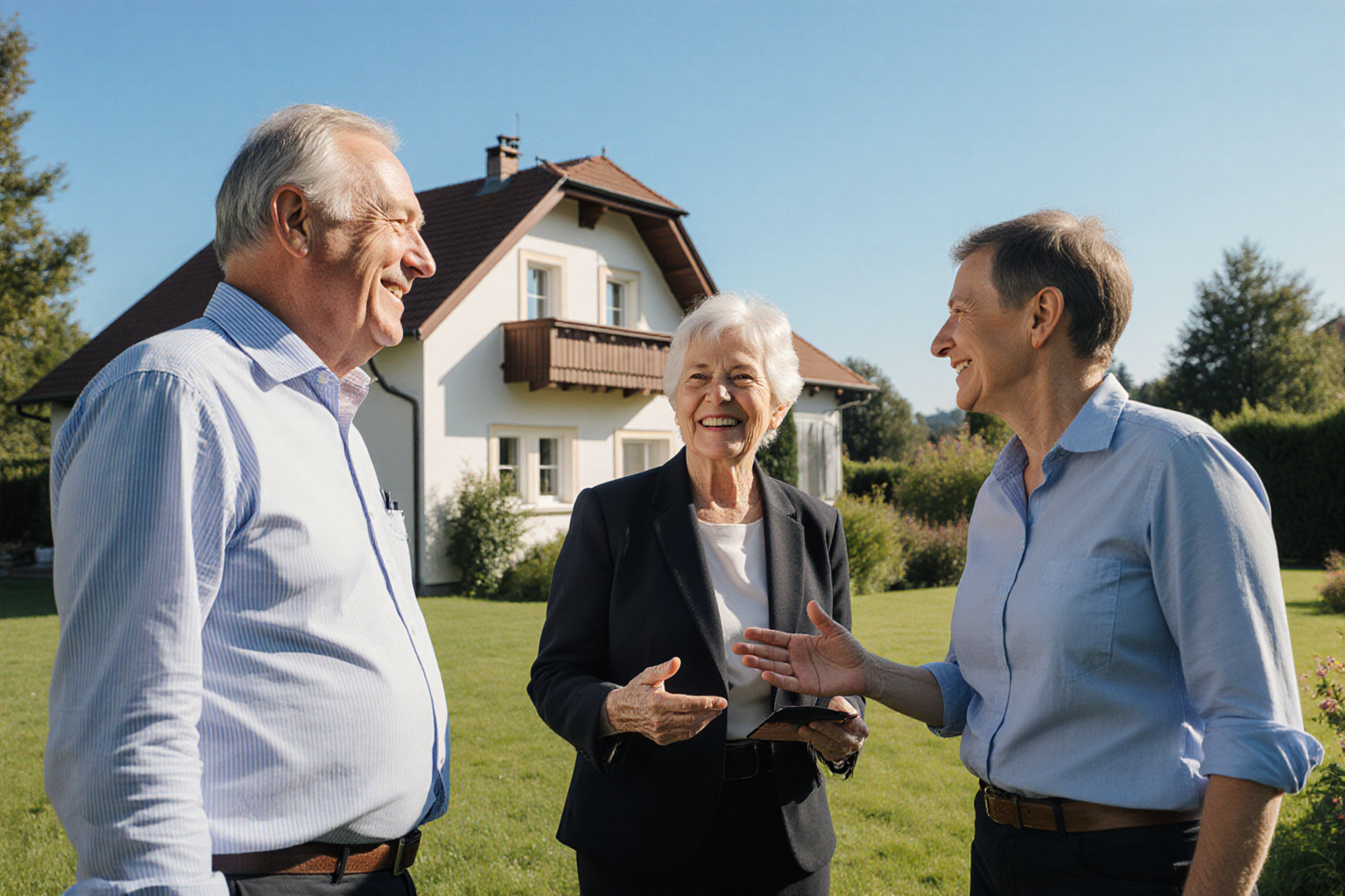 Gemeinsames Gespräch im Garten eines Wohnhauses